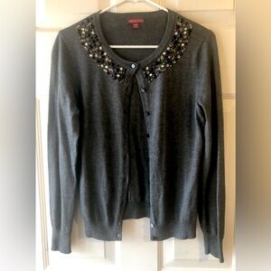 Merona Charcoal Gray Black Gem Clear Rhinestone Embellished Cardigan Sweater Med